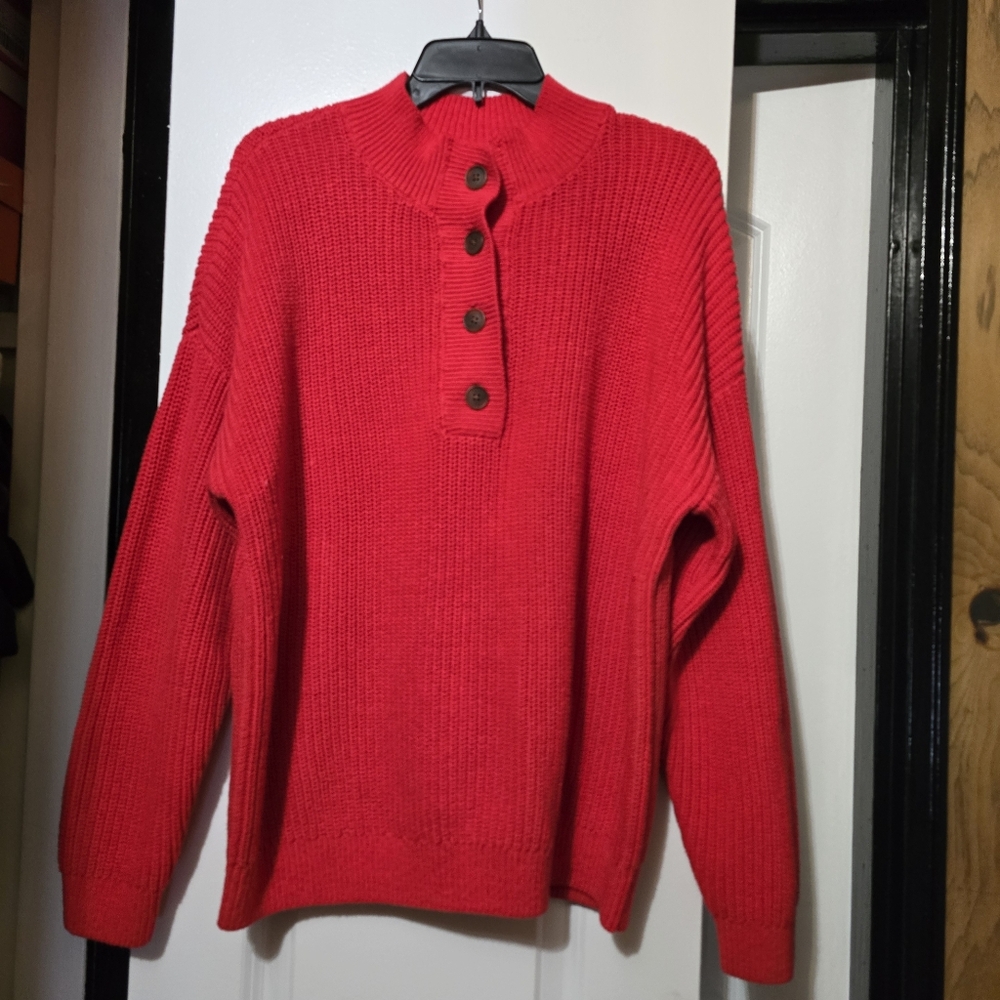 Loft Women's Red Knitted Heavy Button-Up Neck Sweater Size XL
